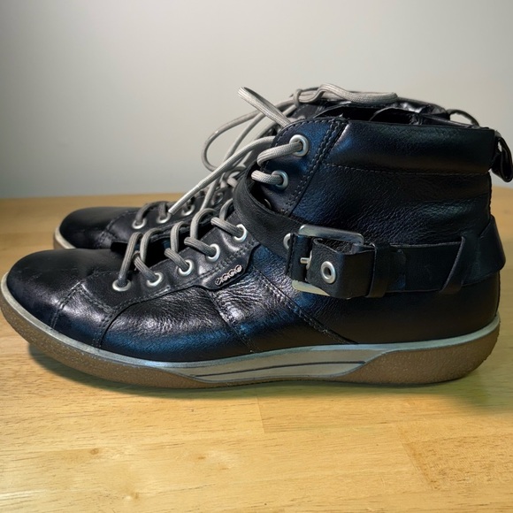 ECCO Soft Black Leather Lace Up Side Zip Ankle Hi-Top Men's Shoes EU 39 Buckle - Picture 3 of 8